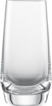 Ein transparentes, zylindrisches Glas mit dickem Boden, frontal fotografiert.