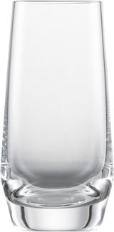 Ein transparentes, zylindrisches Glas mit dickem Boden, frontal fotografiert.