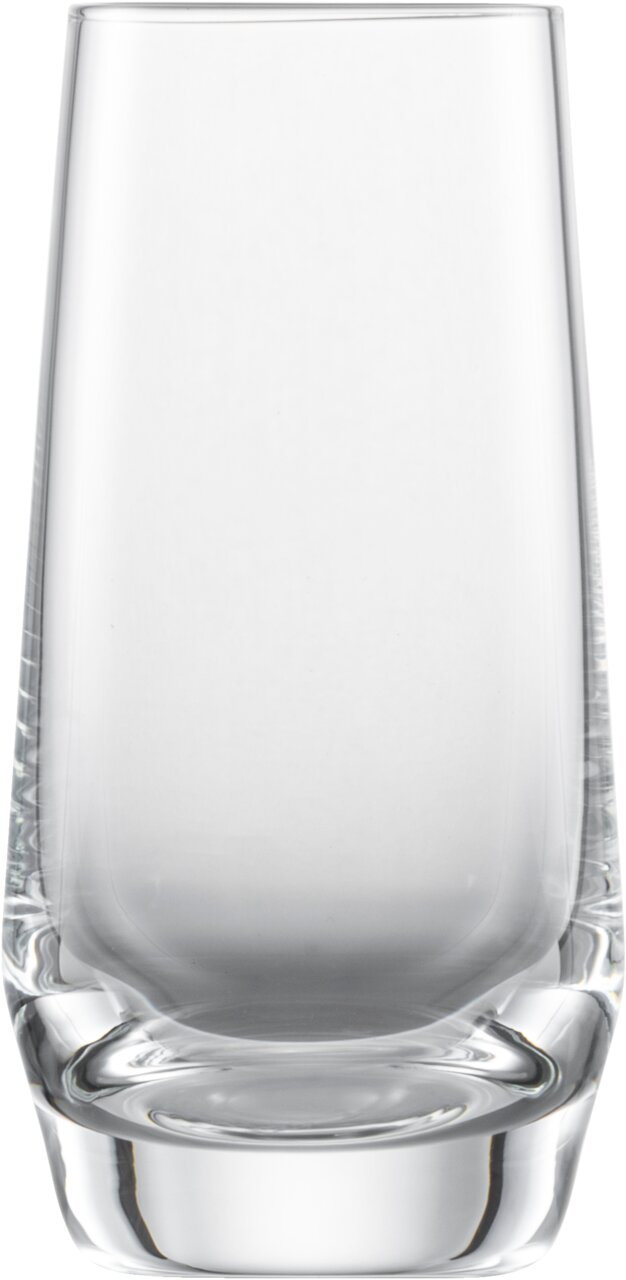 Ein transparentes, zylindrisches Glas mit dickem Boden, frontal fotografiert.