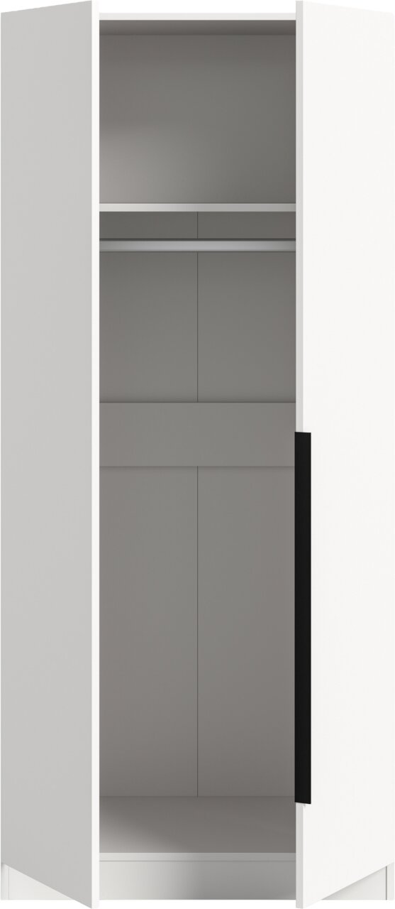 Offener weißer Kleiderschrank mit grauem Innenraum, Kleiderstange und Ablage, Frontansicht leicht schräg von rechts