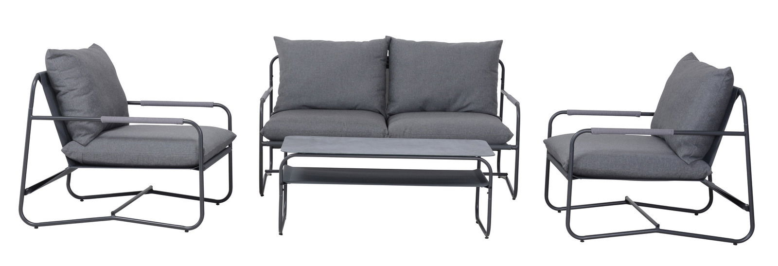 Moderne Loungegarnitur in Grau mit zwei Sesseln, einem Zweisitzer-Sofa und einem Couchtisch, frontal betrachtet.