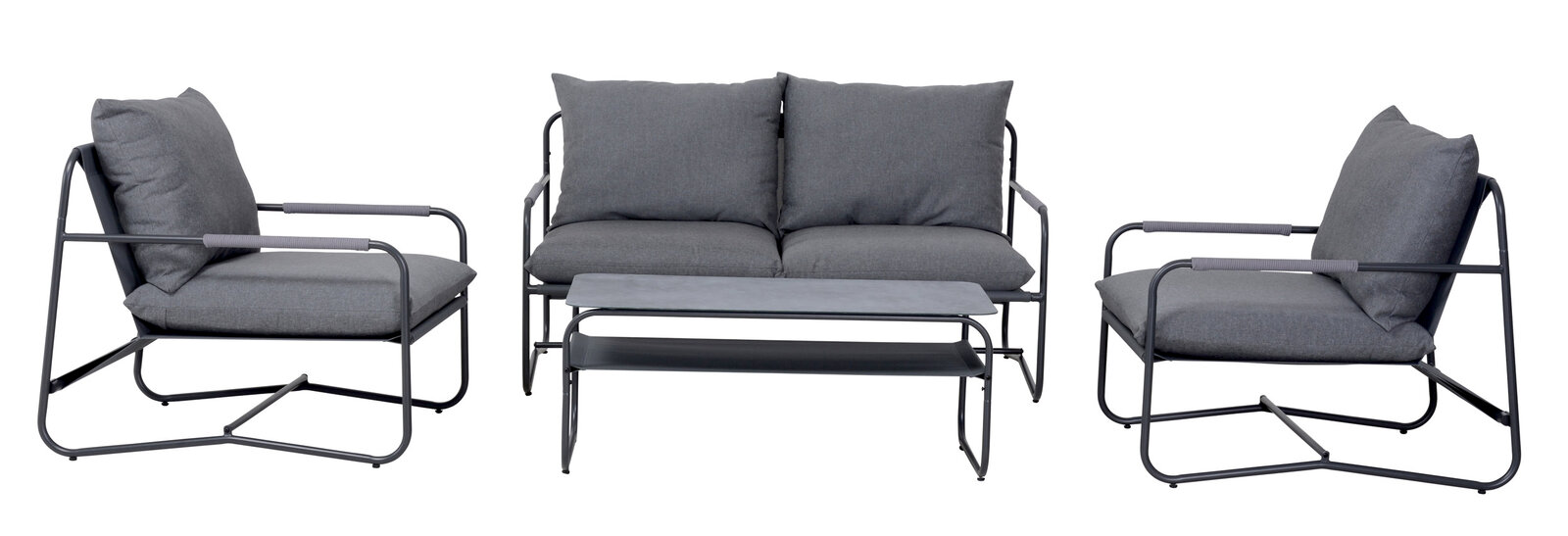 Moderne Loungegarnitur in Grau mit zwei Sesseln, einem Zweisitzer-Sofa und einem Couchtisch, frontal betrachtet.