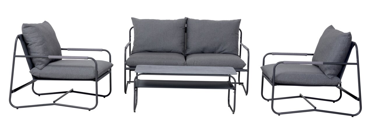 Moderne Loungegarnitur in Grau mit zwei Sesseln, einem Zweisitzer-Sofa und einem Couchtisch, frontal betrachtet.