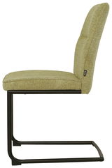 Seitenansicht eines modernen Freischwingers mit grünem Stoffbezug und schwarzem Metallgestell.