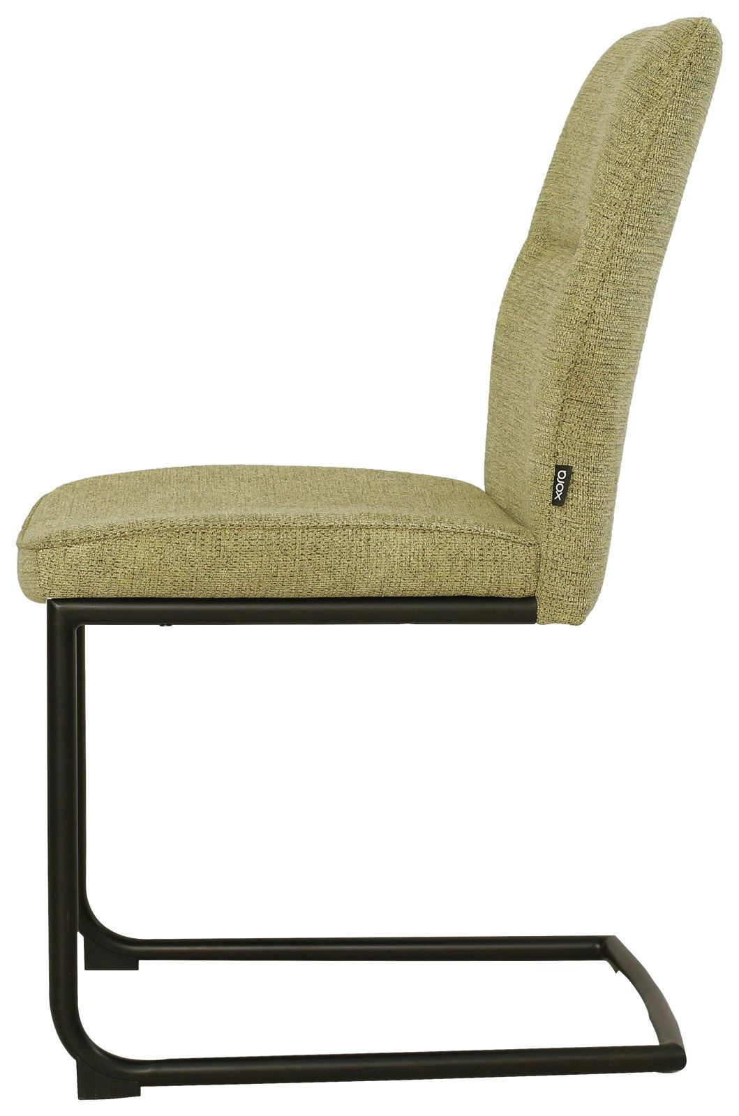 Seitenansicht eines modernen Freischwingers mit grünem Stoffbezug und schwarzem Metallgestell.