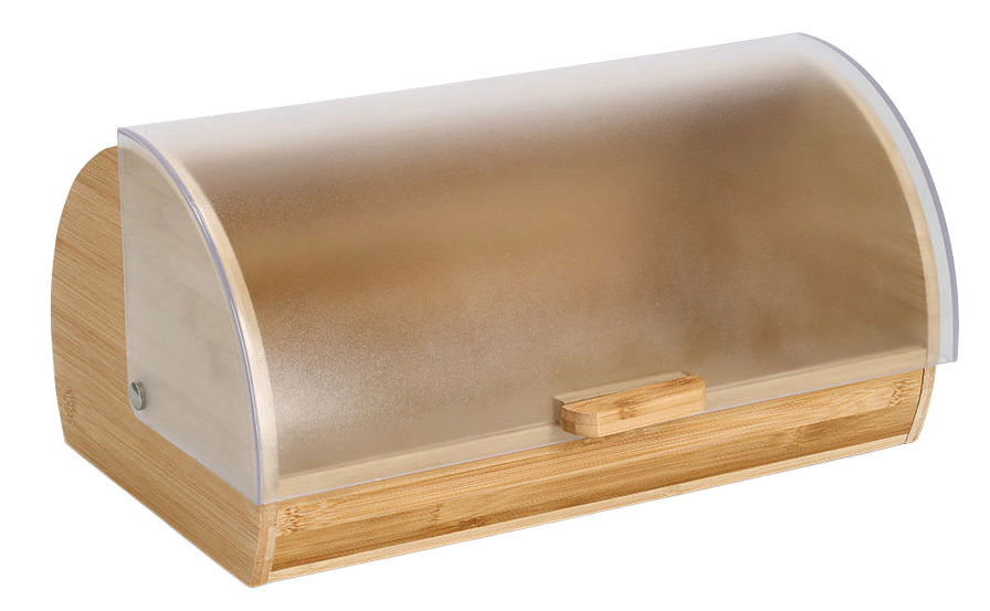Brotkasten aus Holz mit transparenter, gewölbter Abdeckung, seitliche Perspektive