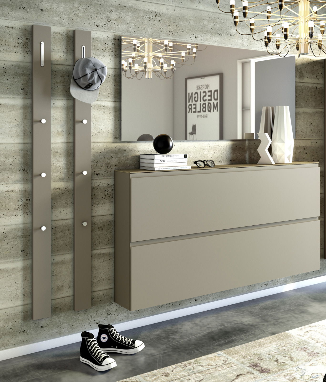 Modernes Garderobenset in einem stilvollen Raum mit Betonwand, bestehend aus zwei vertikalen Paneelen mit Haken, einem großen rechteckigen Spiegel und einem schwebenden Sideboard. Perspektive von vorne.