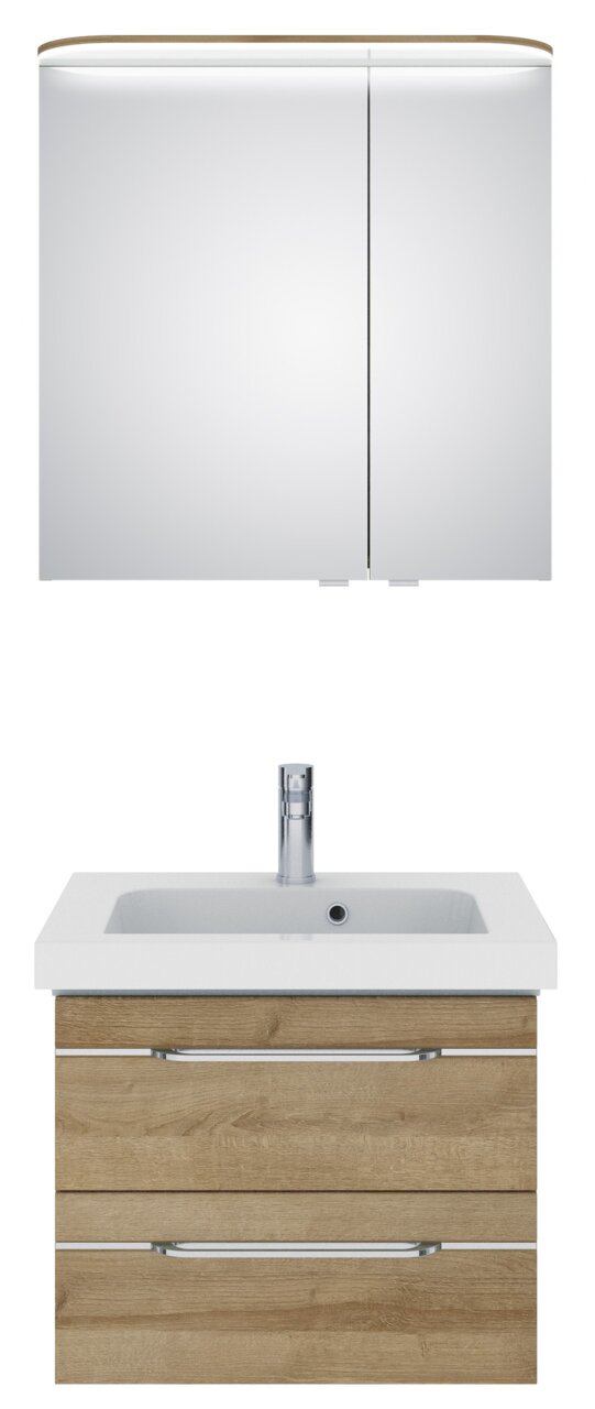 Pelipal Badblock BALTO SPRINT Frontansicht eines modernen Badblocks mit Spiegelschrank und Waschbeckenunterschrank in Holzoptik.