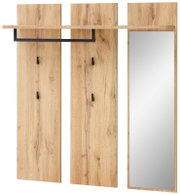 Breites Garderobenpaneel aus Holz mit Haken und Spiegel, frontal betrachtet.
