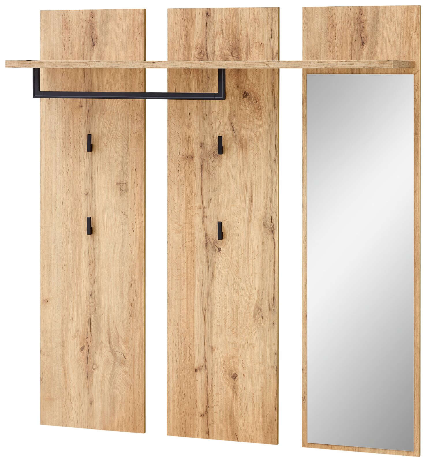 Breites Garderobenpaneel aus Holz mit Haken und Spiegel, frontal betrachtet.