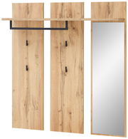 Breites Garderobenpaneel aus Holz mit Haken und Spiegel, frontal betrachtet.