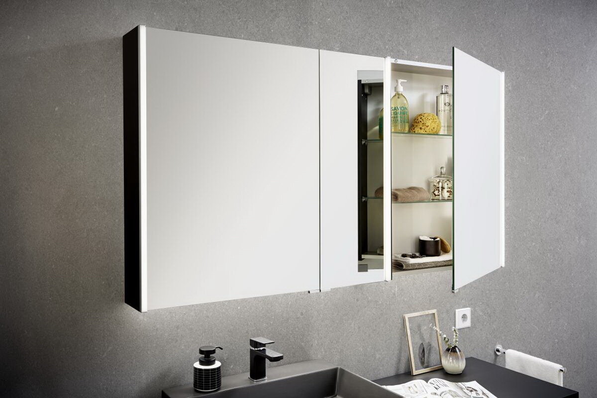 Spiegelschrank im Badezimmer mit geöffneter Tür, zeigt Regale mit Pflegeprodukten, seitliche Perspektive