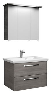 Moderner Badblock mit Spiegelschrank und Waschbeckenunterschrank in Holzoptik, Frontalansicht