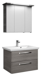 Moderner Badblock mit Spiegelschrank und Waschbeckenunterschrank in Holzoptik, Frontalansicht