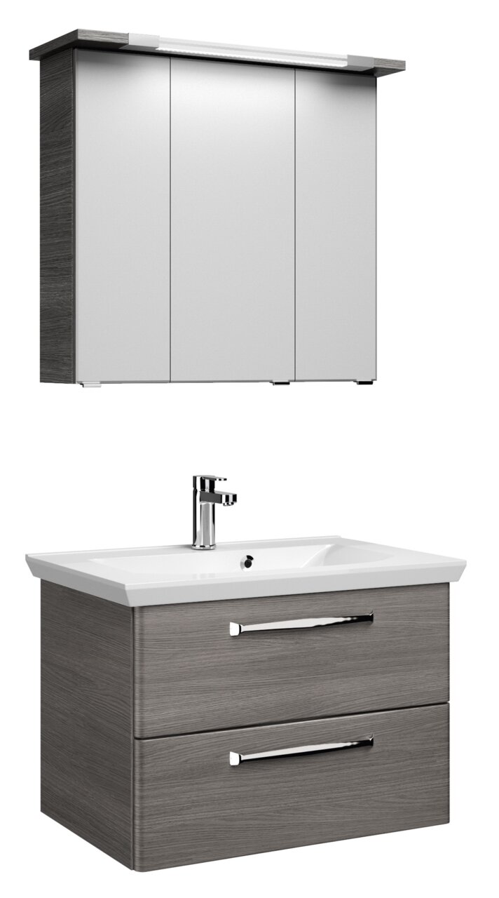 Moderner Badblock mit Spiegelschrank und Waschbeckenunterschrank in Holzoptik, Frontalansicht