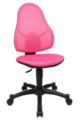 Pinkfarbener Drehstuhl mit Netzrückenlehne und Sitzfläche, seitliche Perspektive