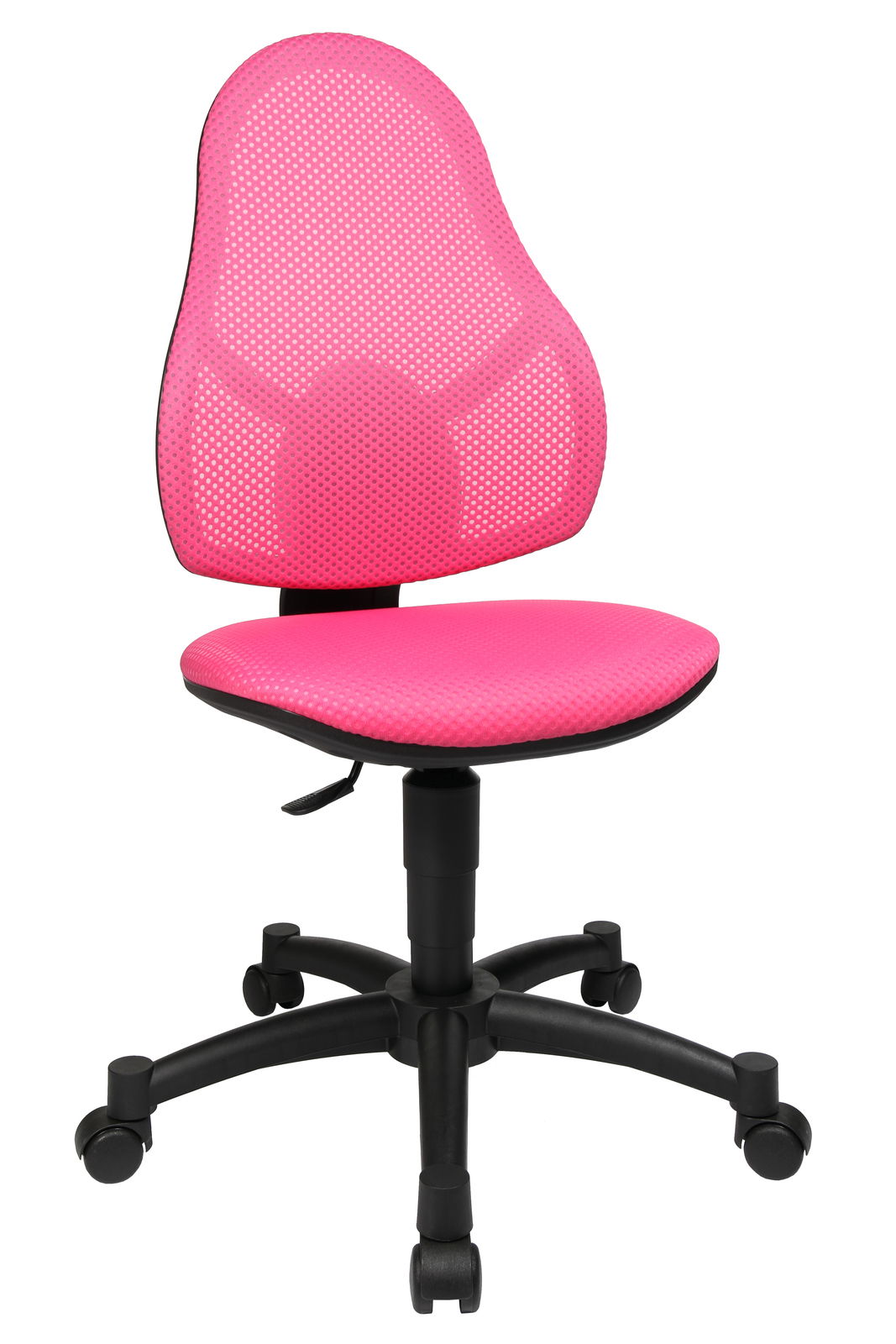 Pinkfarbener Drehstuhl mit Netzrückenlehne und Sitzfläche, seitliche Perspektive