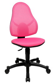 Pinkfarbener Drehstuhl mit Netzrückenlehne und Sitzfläche, seitliche Perspektive