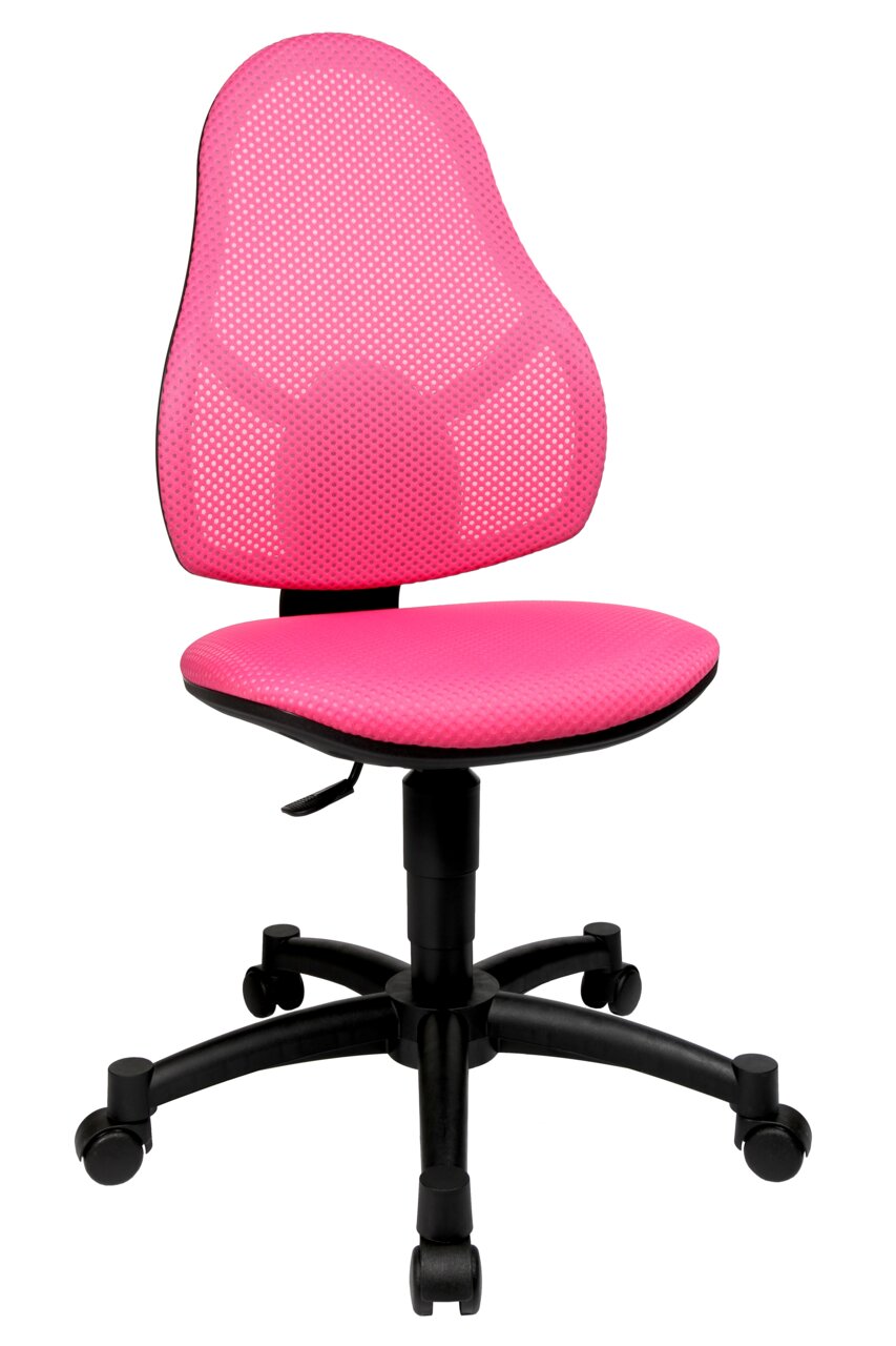 Pinkfarbener Drehstuhl mit Netzrückenlehne und Sitzfläche, seitliche Perspektive