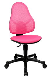 Pinkfarbener Drehstuhl mit Netzrückenlehne und Sitzfläche, seitliche Perspektive