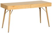 Moderner Schreibtisch aus Holz mit zwei Schubladen, seitliche Perspektive