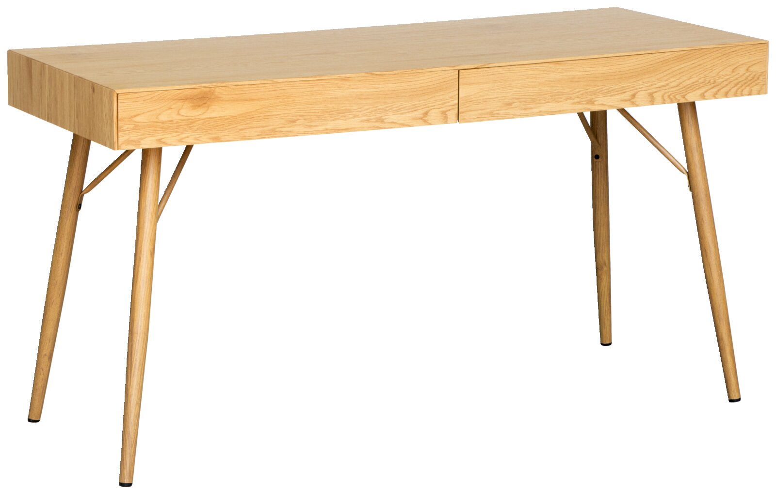 Moderner Schreibtisch aus Holz mit zwei Schubladen, seitliche Perspektive