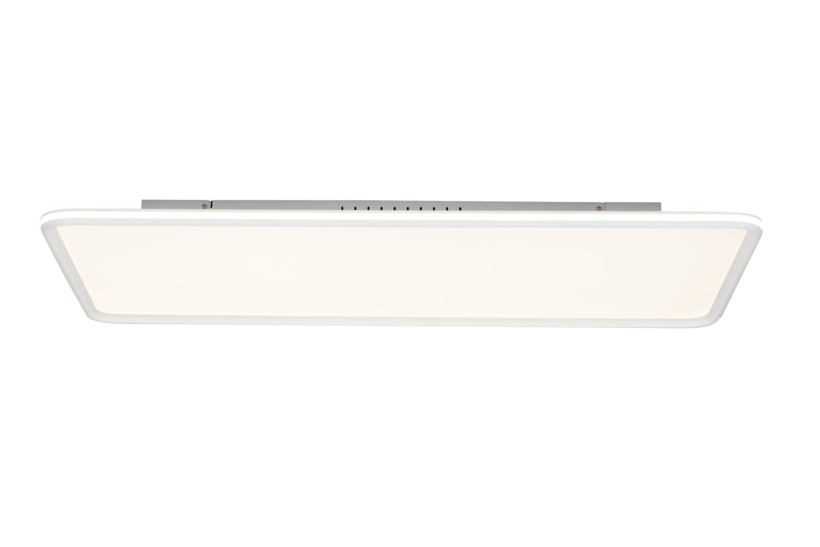 Vlakke, rechthoekige led-plafondlamp met wit frame en grote lichtverspreider, gezien van onderaf (onderkant) tegen een witte achtergrond