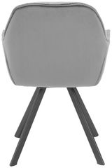 Rückansicht eines grauen Armlehnstuhls mit schwarzen Metallbeinen