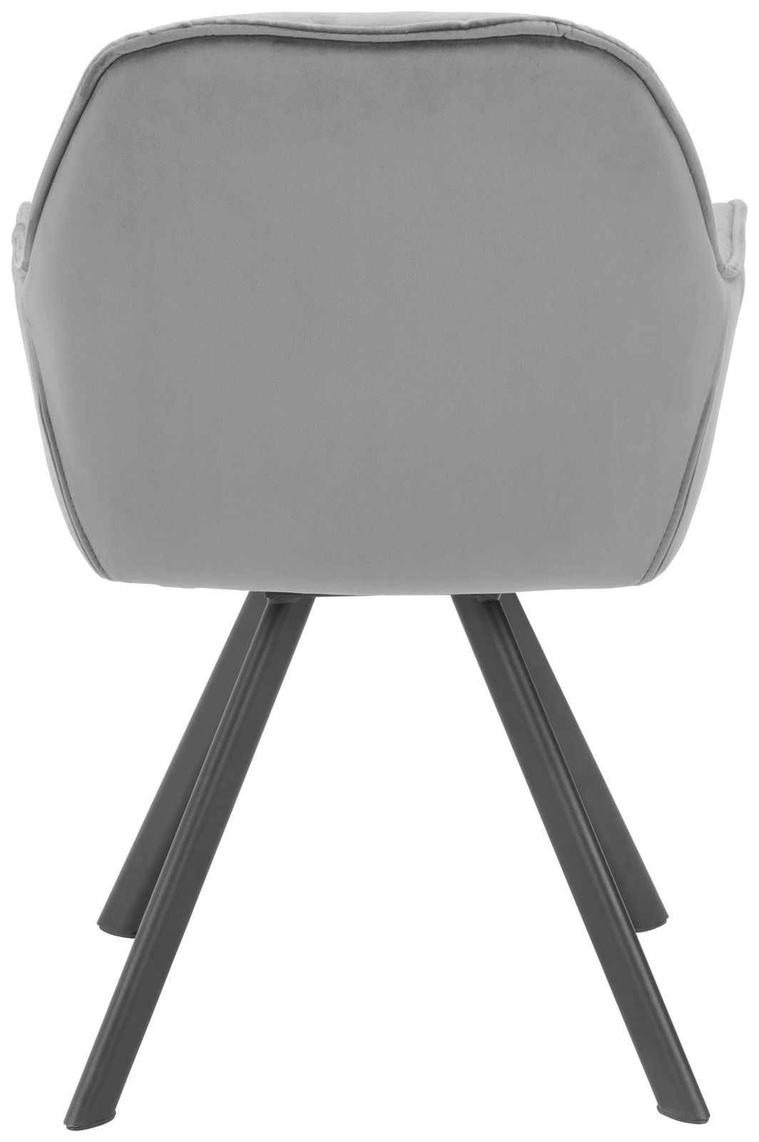 Rückansicht eines grauen Armlehnstuhls mit schwarzen Metallbeinen