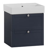 Moderner Waschtisch mit dunkelblauem Unterschrank und weißem Waschbecken, Frontalansicht