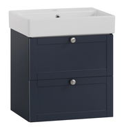 Moderner Waschtisch mit dunkelblauem Unterschrank und weißem Waschbecken, Frontalansicht