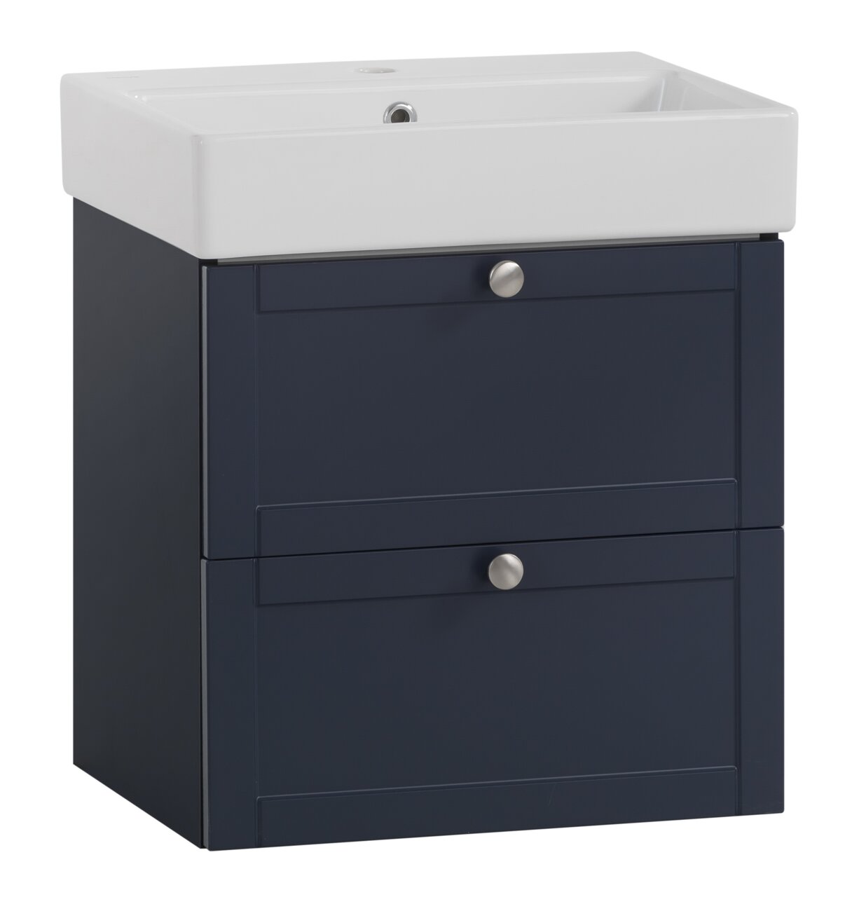 Moderner Waschtisch mit dunkelblauem Unterschrank und weißem Waschbecken, Frontalansicht