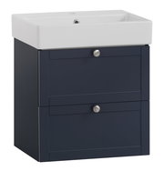 Moderner Waschtisch mit dunkelblauem Unterschrank und weißem Waschbecken, Frontalansicht