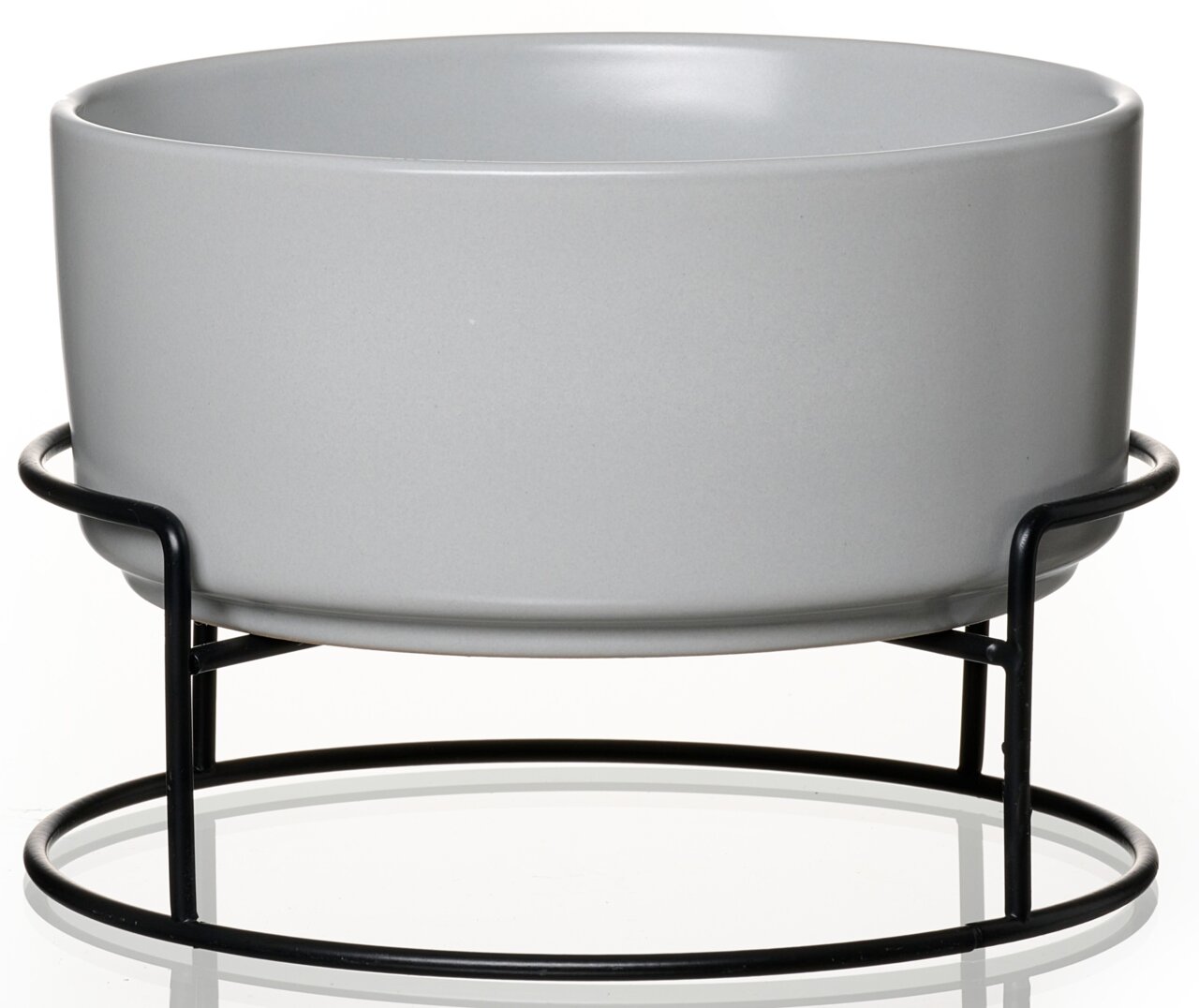 Grauer Napf mit schwarzem Metallständer, seitliche Perspektive