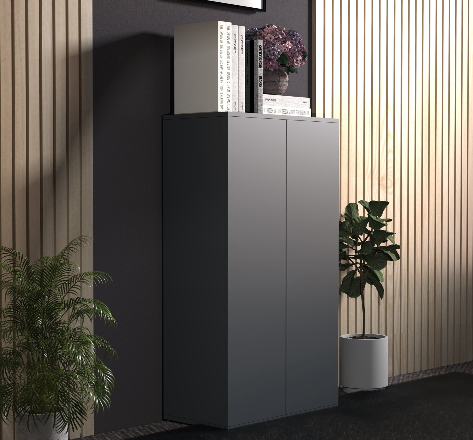 Modernes, mattgraues Highboard mit zwei Türen, dekoriert mit Büchern und Blumenvase, in schräger Frontansicht im Wohnraum vor Holzlamellenwand