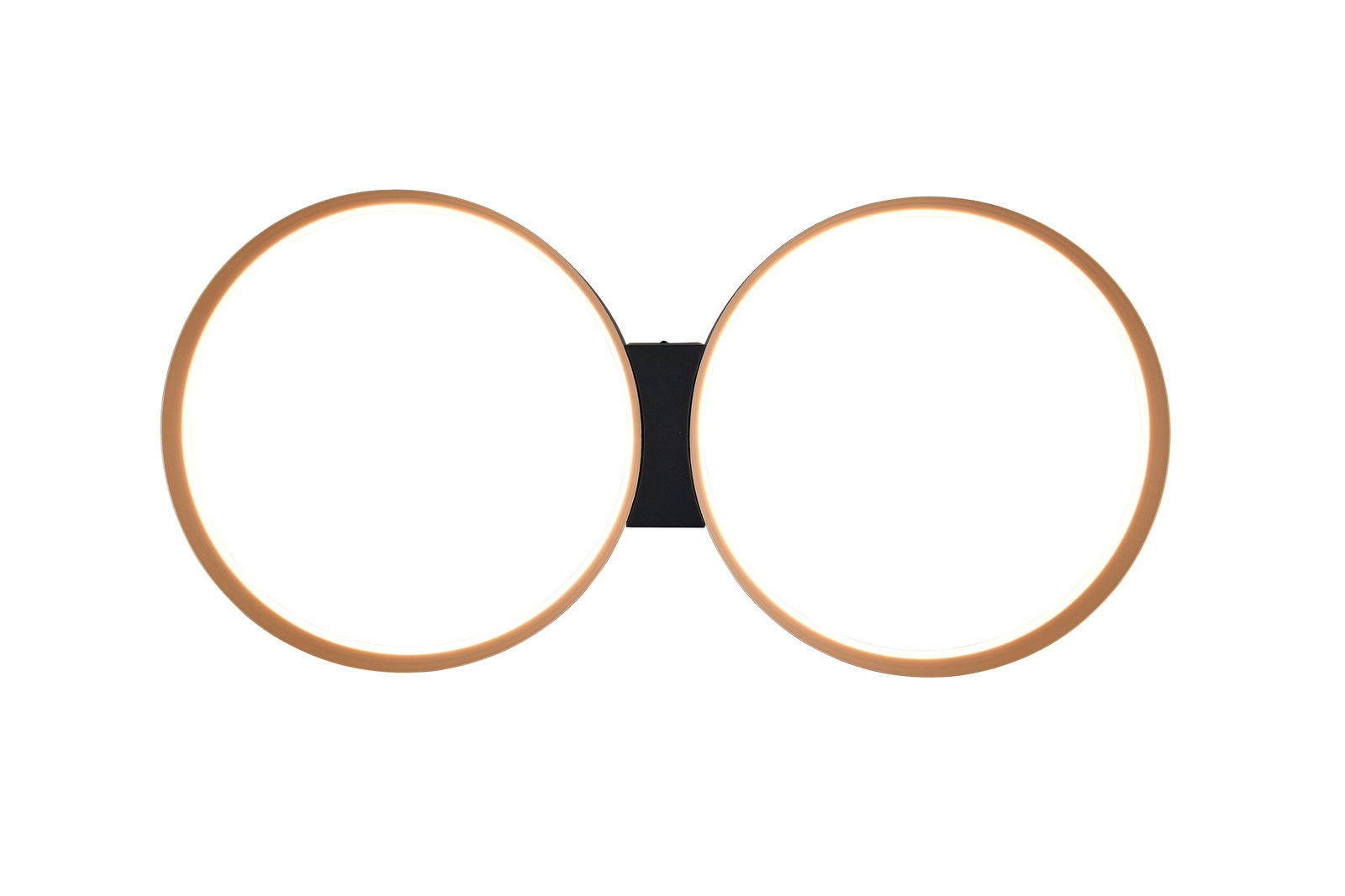 Musterring Deckenleuchte LOOP Moderne Deckenleuchte mit zwei runden, leuchtenden Ringen in goldener Farbe, frontal betrachtet.