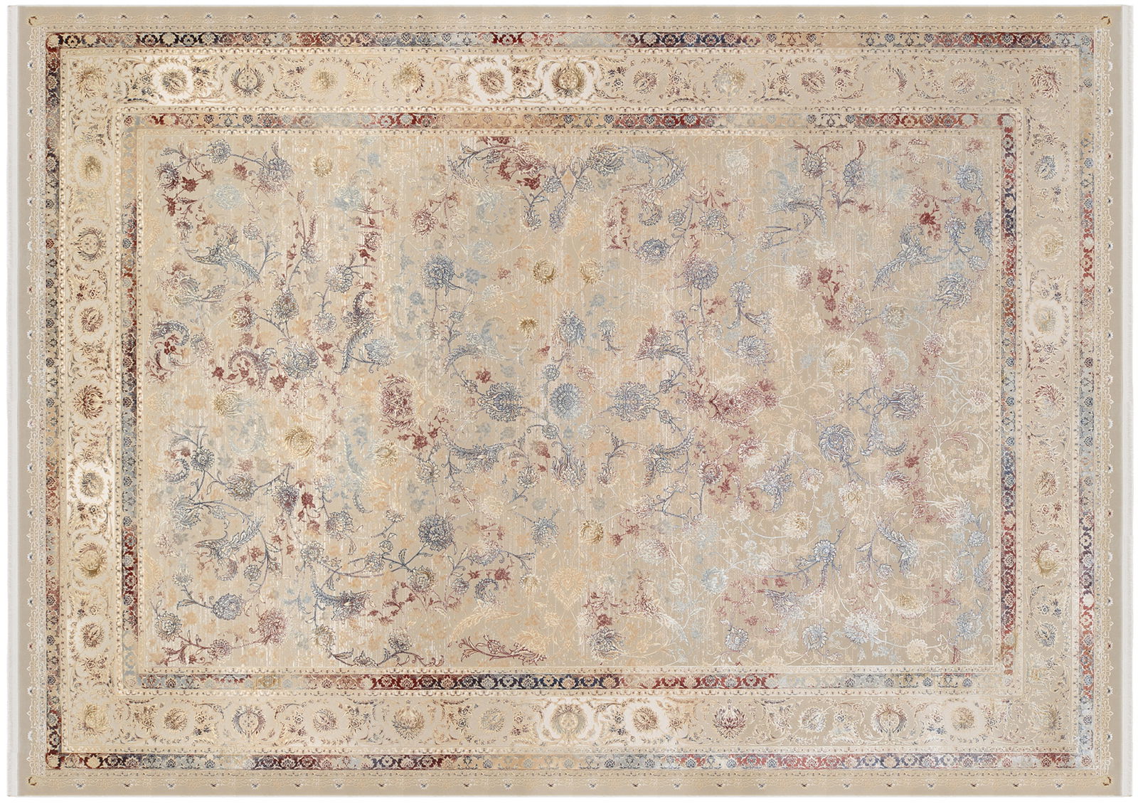 Orientteppich mit floralen Mustern in Beige, Blau und Rot, Draufsicht