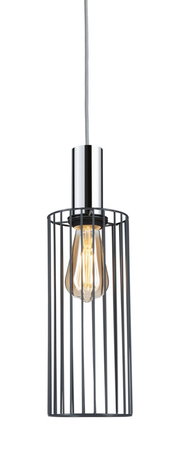 Hängelampe mit Metallkäfig-Design, seitliche Perspektive, zeigt eine Glühbirne im Inneren des zylindrischen Gitterschirms.