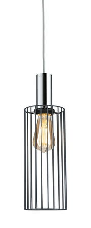 Hängelampe mit Metallkäfig-Design, seitliche Perspektive, zeigt eine Glühbirne im Inneren des zylindrischen Gitterschirms.