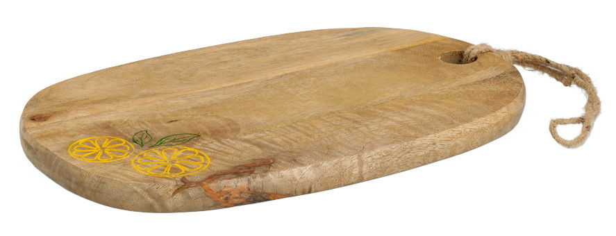 Holz-Schneidebrett aus Mangoholz mit Zitronenmotiv und Kordel, seitliche Perspektive