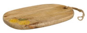 Holz-Schneidebrett aus Mangoholz mit Zitronenmotiv und Kordel, seitliche Perspektive
