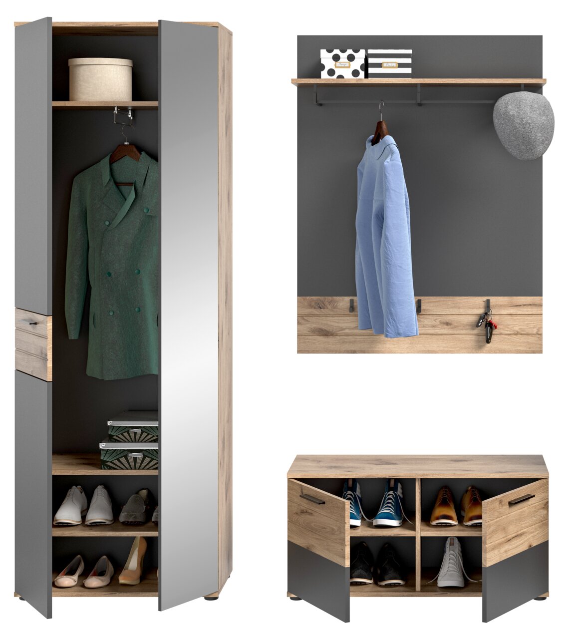 Garderobenkombination bestehend aus einem hohen Schrank mit Spiegel, einer Wandgarderobe mit Haken und Ablage sowie einer Schuhbank mit Fächern. Perspektive: Frontalansicht.