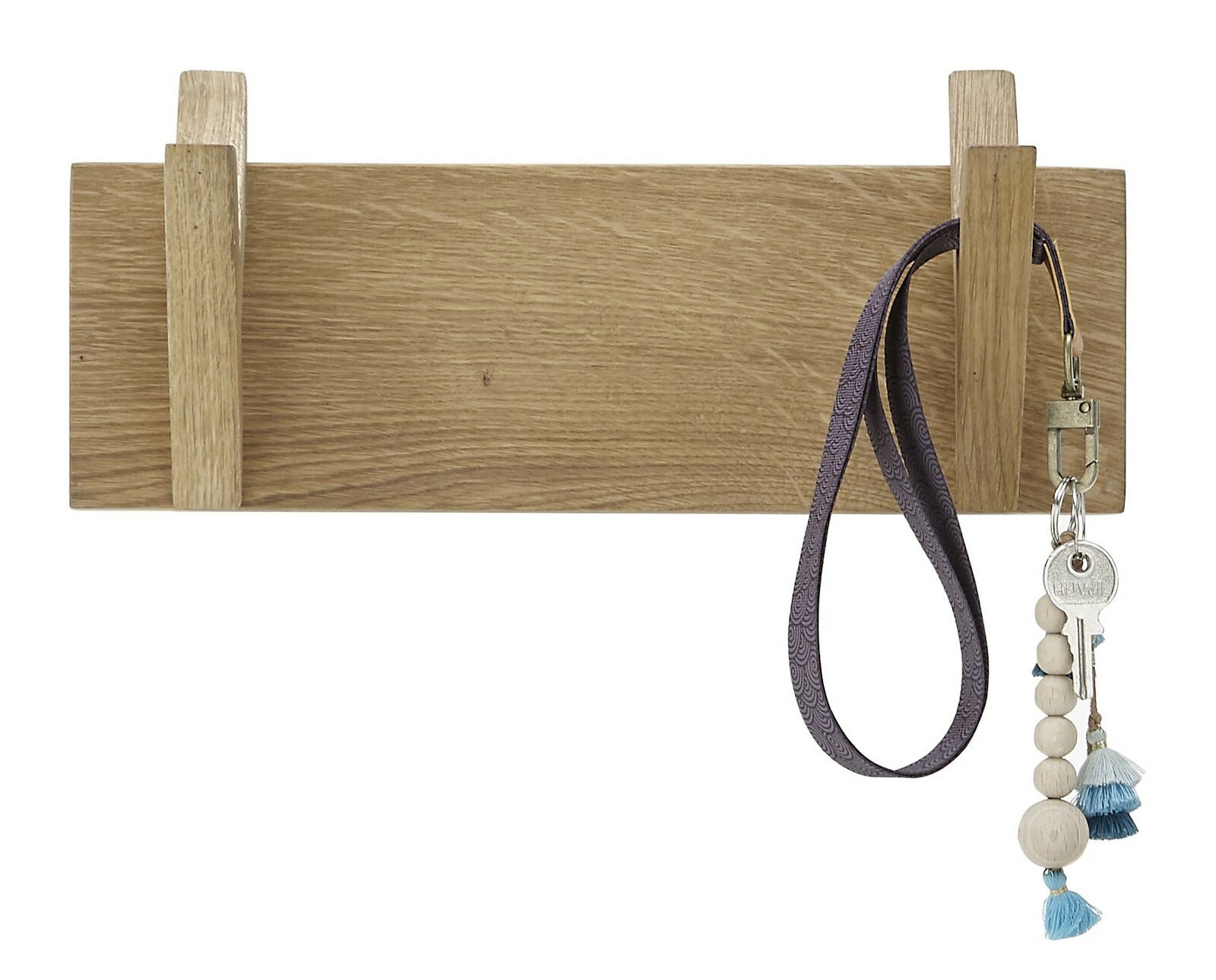 Hakenleiste aus Holz mit zwei Haken, frontal abgebildet, mit einem Schlüsselbund an einem Haken.