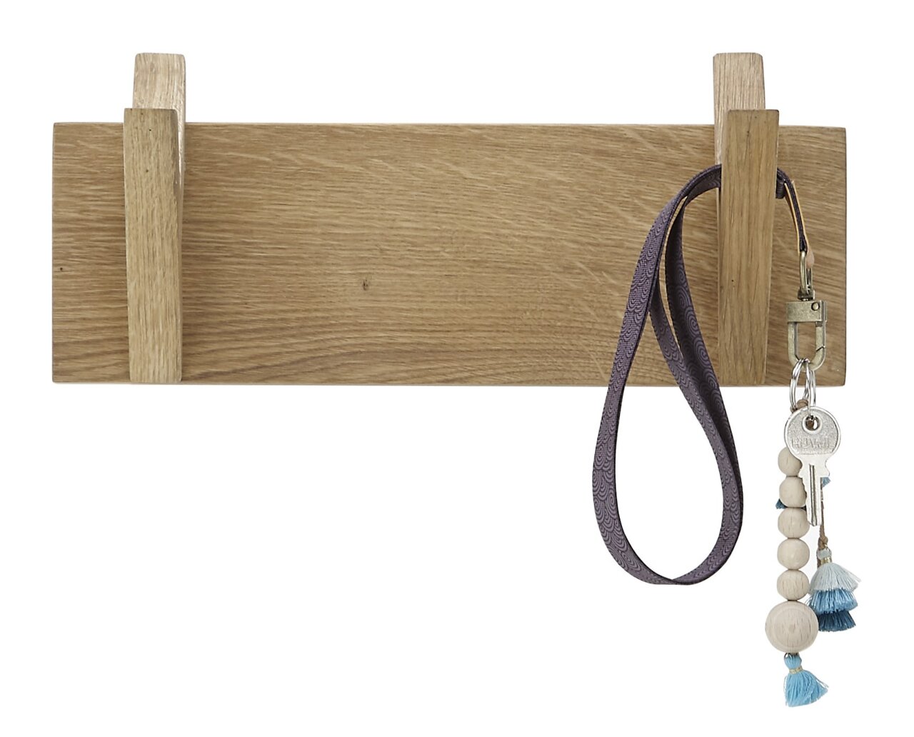 Hakenleiste aus Holz mit zwei Haken, frontal abgebildet, mit einem Schlüsselbund an einem Haken.