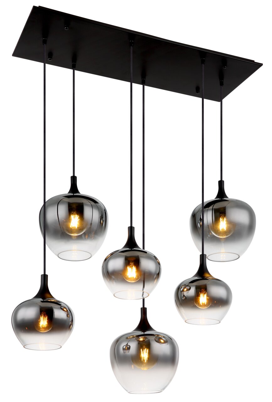 Globo Lighting Hängeleuchte MAXY Moderne Hängeleuchte mit sechs rauchgrauen Glaskugeln, die von einer rechteckigen schwarzen Deckenplatte hängen. Perspektive von unten.
