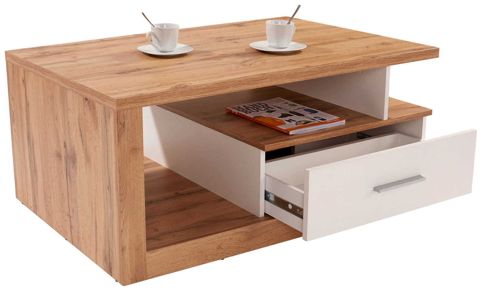 Z2 Couchtisch IGUAN Moderner Couchtisch aus Holz mit weißem Schubfach und Ablage, seitliche Perspektive