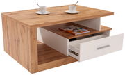 Moderner Couchtisch aus Holz mit weißem Schubfach und Ablage, seitliche Perspektive