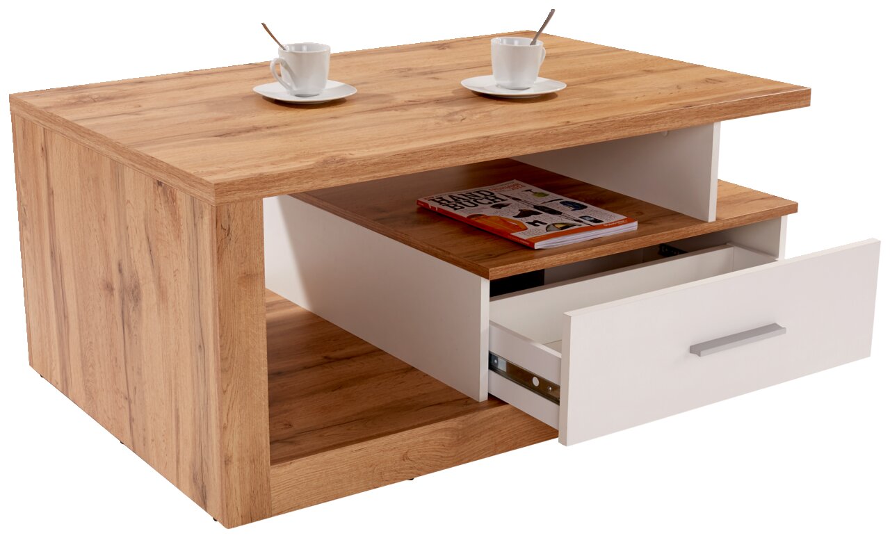 Moderner Couchtisch aus Holz mit weißem Schubfach und Ablage, seitliche Perspektive