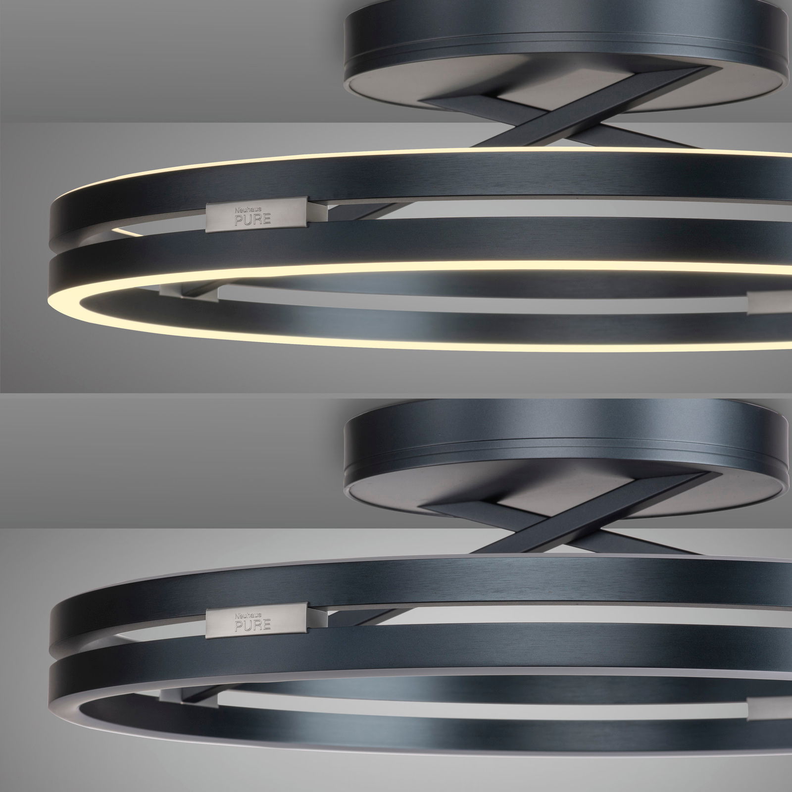 Moderne Deckenleuchte PURE Loop von Paul Neuhaus in schwarzem Metall mit zwei leuchtenden Ringen, seitliche Perspektive.