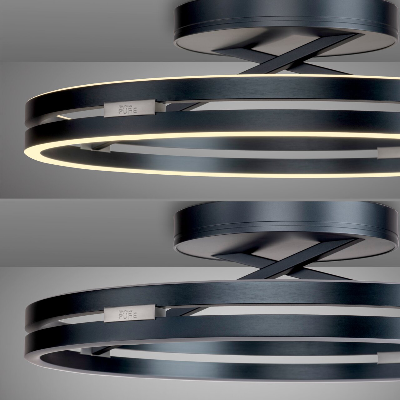 Moderne Deckenleuchte PURE Loop von Paul Neuhaus in schwarzem Metall mit zwei leuchtenden Ringen, seitliche Perspektive.